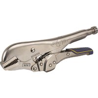 Silver Vise-Grip locking pliers with straight jaws, fast release lever, and blue rubber grip accents.