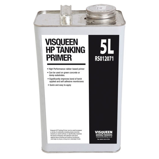 Silver canister of Visqueen HP Tanking Primer, 5L, featuring a black label with white text detailing product information and usage instructions, designed for waterproofing applications.
