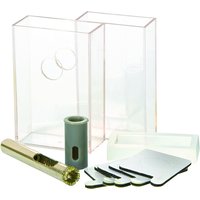 Vitrex 8mm self-adhesive diamond tile drill kit with gold drill bit, grey guide, adhesive pads, and clear storage case.