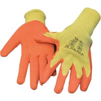 Orange and yellow Vitrex Builders Grip Gloves with textured palms and ribbed cuffs.