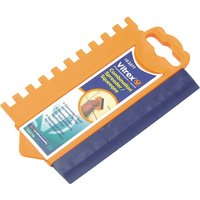 Orange Vitrex Combination Spreader with blue rubber edge and notched teeth, ergonomic handle, and product label.