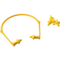 Yellow Vitrex ear plugs with flexible headband and additional replacement plugs.