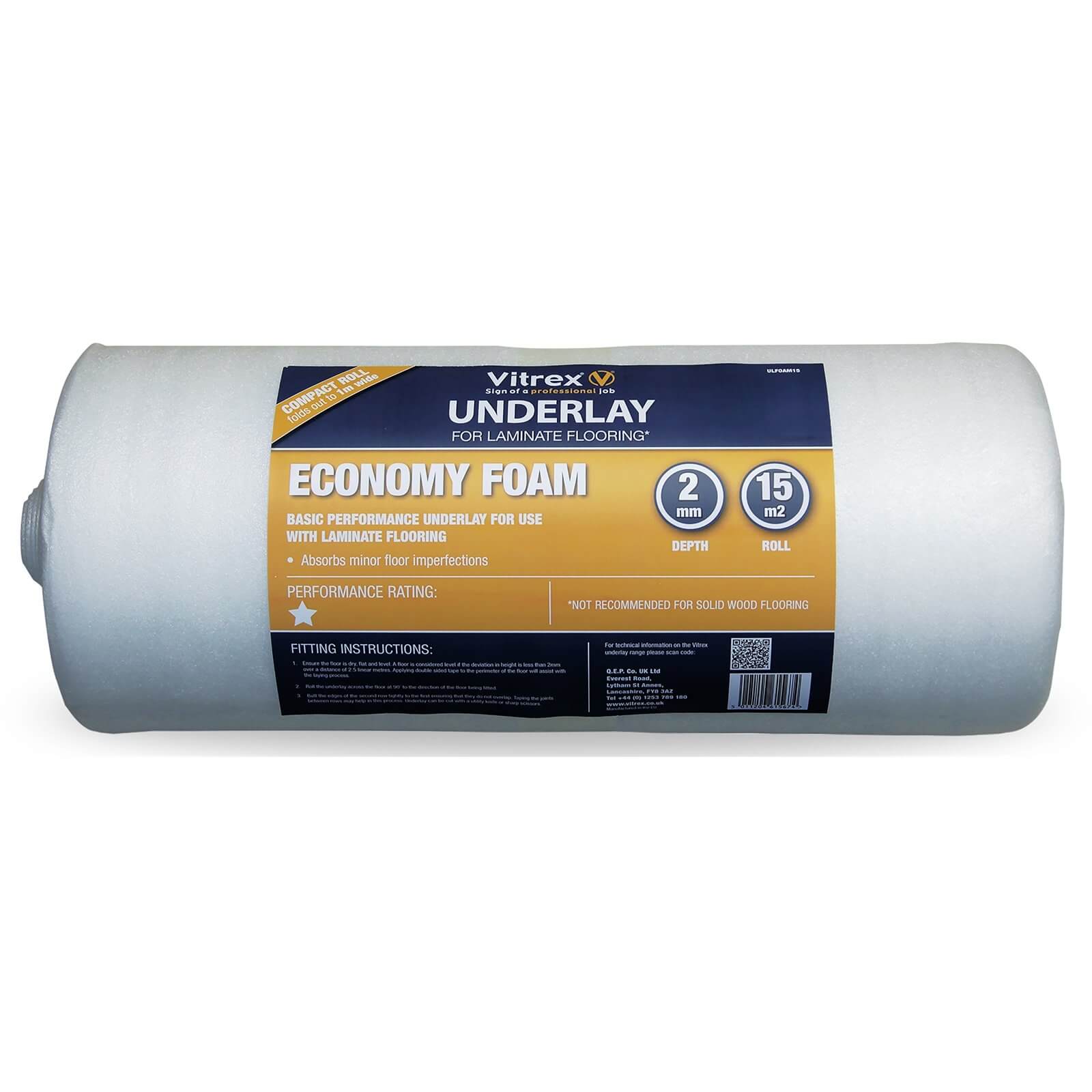 Vitrex Economy Foam Laminate Underlay Roll in white, measuring 15 sqm, features a 2 mm thickness, designed to absorb minor imperfections in laminate flooring.