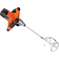 Orange and black Vitrex MIX 1600 Industrial Power Mixer with dual handles and a long metal mixing paddle.