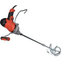 Red and black Vitrex MIX850 power mixer drill with ergonomic handle and long mixing paddle attachment.