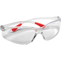 Clear Vitrex safety glasses with red temple tips and wraparound lenses.