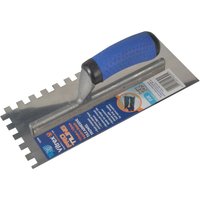 Stainless steel trowel with 10mm notches and blue rubber handle, Vitrex branding on the blade.