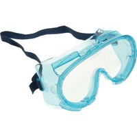 Clear Vitrex safety goggles with blue frame, adjustable black strap, and anti-fog ventilation.