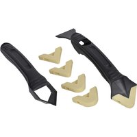 Black Vitrex silicone sealant tool kit with two handles and five beige corner attachments.