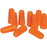Orange Vitrex tapered disposable ear plugs, smooth surface, cylindrical shape with rounded ends.