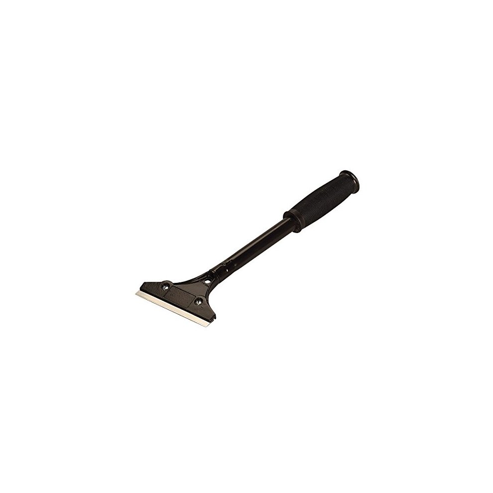 Vitrex Tile Adhesive and Wallpaper Scraper features a sturdy metal blade with a textured black rubber handle for a secure grip, ideal for removing tiles and wallpaper.