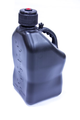 Black 5-gallon motorsport container by VP Racing, featuring a sturdy handle, measurement markings, and a secure screw-on cap with a red top.