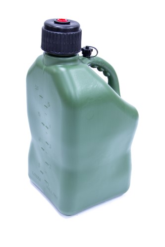 Green camo 5-gallon motorsport container with a black cap, featuring measurement markings on the side and a sturdy handle for easy carrying.
