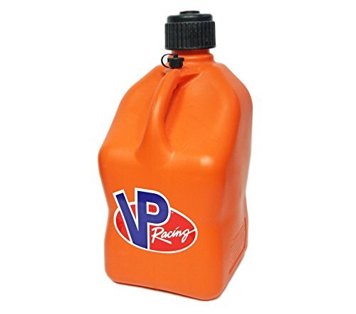 Bright orange 5-gallon motorsport container made of durable plastic, featuring a black screw cap and the VP Racing logo prominently displayed on the side.