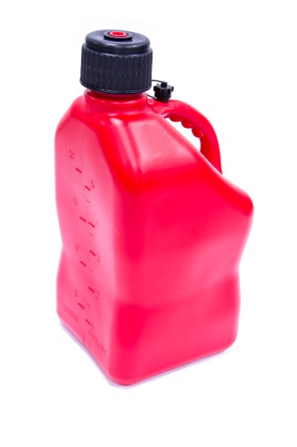 Red plastic 5-gallon motorsport container with a black screw cap, featuring a sturdy handle and measurement markings on the side for easy fuel dispensing.