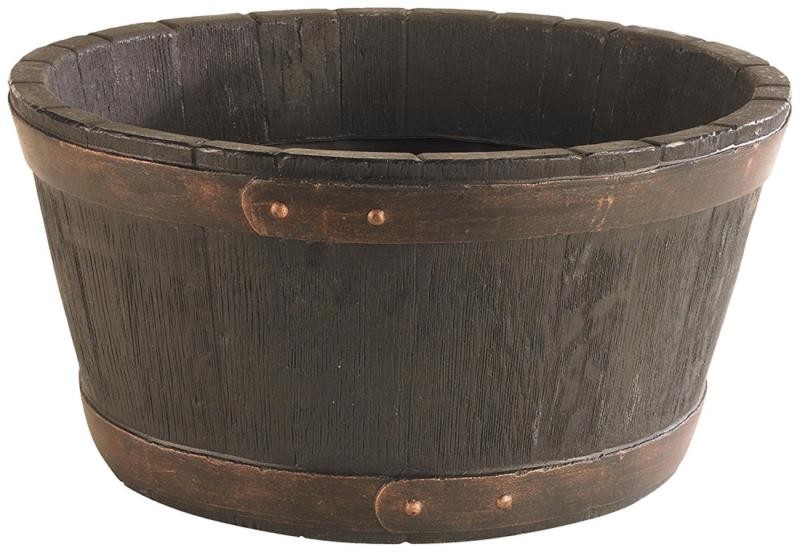 Large 49cm barrel planter in dark oak wood finish, featuring a rounded shape, textured surface, and metal bands for added detail.