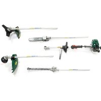 Webb WEMC26 petrol multi cutter with green engine, silver shafts, hedge trimmer, pruner, brush cutter, and grass trimmer heads.