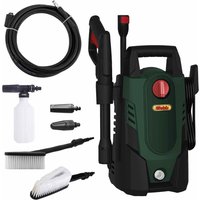 Green and black Webb pressure washer with hose, spray gun, detergent bottle, and brush attachments.