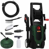 "Green and black Webb WEPW1500 pressure washer with hose, brushes, nozzles, and detergent bottle accessory kit"