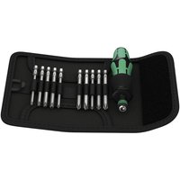 Wera Kraftform Kompakt 41 set with green and black handle screwdriver, 10 silver bits in black folding case.