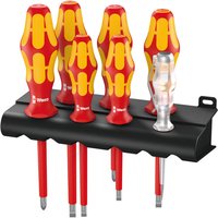 Red and yellow Wera VDE screwdriver set with ergonomic handles in a black holder.