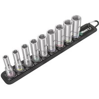 Wera 9-piece long socket set with silver sockets on black belt holder, color-coded bands, and hanging loop.