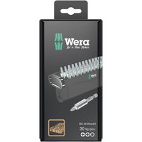 Black Wera 30 piece screwdriver bit set with Phillips, Pozi, and Torx bits in a compact, organized case.