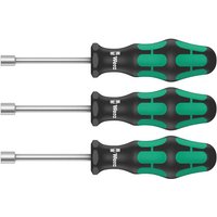 Wera 395 HO/3 Sanitary Hollow Shaft Nutspinner Set with black and green ergonomic handles and silver shafts.
