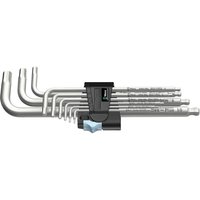Stainless steel ballpoint hex key set with nine L-shaped keys in a black holder, featuring Wera branding.