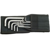 Wera 9-piece hex key set in silver, ranging 3/32"-3/8", stored in a black fabric pouch with Velcro closure.