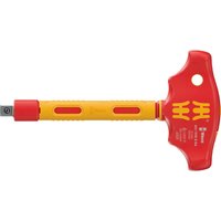 Red and yellow Wera 410 I VDE insulated 3/8" drive ratchet T handle with ergonomic grip and socket attachment.