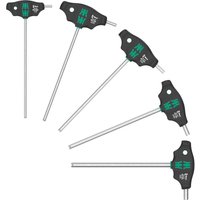 Wera 5-piece T-handle hex key set with black ergonomic grips and silver hex shafts, featuring green accents.