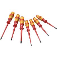 Wera 7 Piece Slimline Screwdrivers with red and yellow ergonomic handles and insulated shafts.