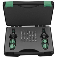 Wera 7440/41 torque screwdriver set with two black and green handles, 24 bits in a black hard case.