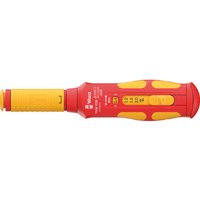 Red and yellow Wera 7508 Kraftform VDE insulated torque screwdriver with ergonomic handle and torque adjustment scale.