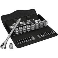 Wera 29 piece ratchet set with silver sockets, bits, and metal ratchet in a black folding case.
