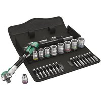 Wera 29pc ratchet and socket set in black case, featuring green-handled ratchet and various metric sockets.