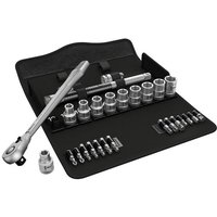 Wera 28-piece socket set with silver ratchet, sockets, and bits in a black folding case.