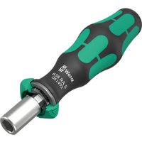 Black and green Wera ratchet screwdriver handle with ergonomic grip and silver metal tip.