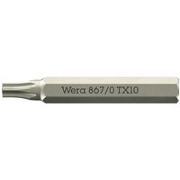 Wera 867/0 4mm Hex Drive Micro Torx Screwdriver Bit, silver with engraved text, hexagonal shaft design.