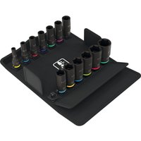 Black Wera 13-piece deep hexagon impact socket set with color-coded rings, neatly arranged in a black case.