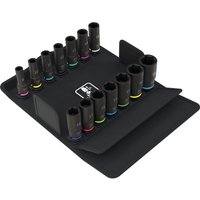 Wera 14-piece deep hexagon impact socket set in black with color-coded rings, arranged on a black holder.