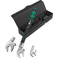 "Wera 9530 Torque Wrench Set with black handle, green accents, and interchangeable heads in a black case"