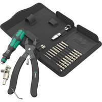 Wera 9532 Bicycle Chain Riveter Tool Kit with pliers, screwdriver, and bits in a black foldable case.