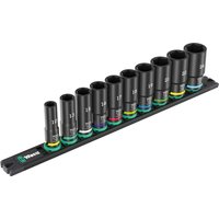 "Wera 9660 Impaktor 10 piece deep hex impact socket set on magnetic rail, black with colored rings for size identification"