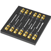 Wera 13-piece chisel screwdriver set with yellow and black handles in a black foam insert.