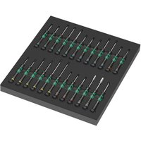 Wera 9715 set with 24 precision screwdrivers in black foam insert, featuring green and black Kraftform handles.