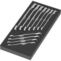 "Wera 11 piece spanner set in black foam insert, featuring silver Joker Switch spanners with open and ratchet ends"