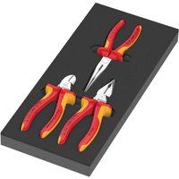 Wera 9784 3 Piece Foam Insert Knipex VDE Plier Set with red and yellow insulated handles in black foam tray.