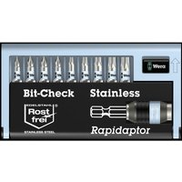 Wera Bitcheck set with 10 stainless torsion screwdriver bits, black case, labeled compartments, and Rapidaptor holder.